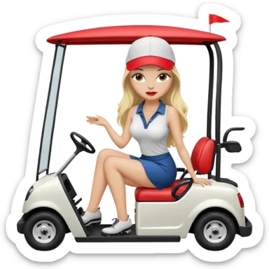 Sexy blond female. Long hair. Red lips. Big boobs. Naked boobs. Short skirt. Playing golf. Sexy pose. Topless. Naked . No clothes. Completely naked. Only golf cap. In golf cart sticker