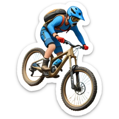 A thrilling downhill mountain biking scene! A rider in full gear speeds down a steep rocky trail, kicking up dust. The rugged mountain landscape surrounds them, with towering peaks, evergreen trees, and a bright blue sky. The rush of adventure is in the air. Transparent background. sticker