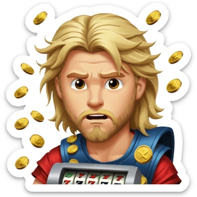 disheveled Thor losing money at a slot machine, panicked face, coins flying sticker