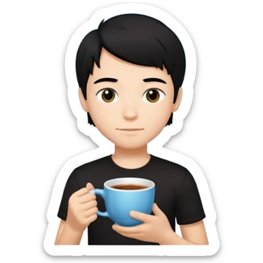 The boy teen have a black hair, and black T-shirt with a cup of tea. Sky blue background  sticker