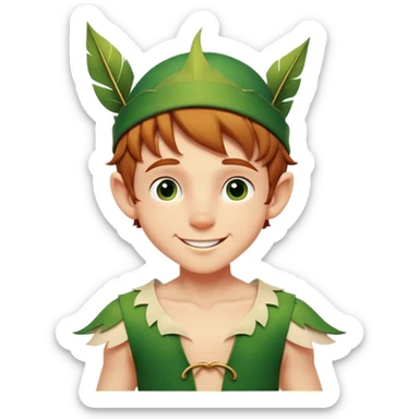 Cinematic Realistic Peter Pan Portrait, head tilted playfully and inquisitively, capturing his mischievous smile and twinkling eyes. The intricacies of his whimsical attire and the soft interplay of natural light bring to life his adventurous energy and childlike charm with a hint of daring strength. sticker