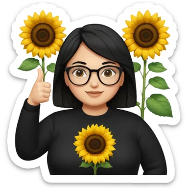 Make my biology teacher shes light brown, wears glasses, female, fat, all black sweater down and sunflower shirt under and make her give 1 thumbs up and she has black hair and chubby sticker