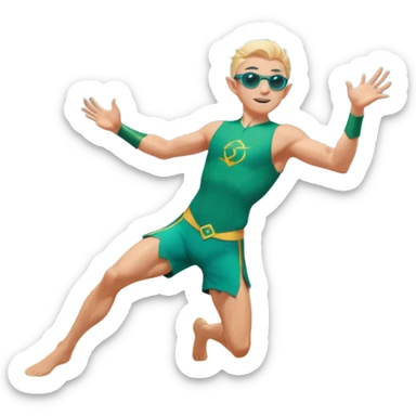 elf male legolas mid-action throw, launching a frisbee woven from pure sunlight, wearing sporty teal swim shorts and performance sunglasses, athletic pose, pointy ears, dynamic motion lines, beach sky backdrop, centered emoji sticker