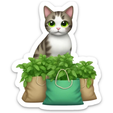 cat with bags of green plants sticker