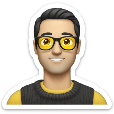 White man with yellow tinted glasses and black hair in a jumper sticker