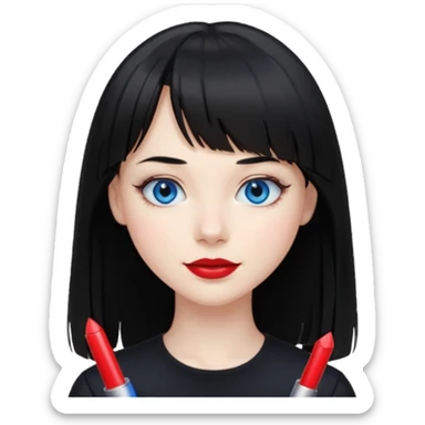 20 yr old woman long straight black hair, pale skin, blue eyes, red lipstick, black clothes, small smile, bangs sticker