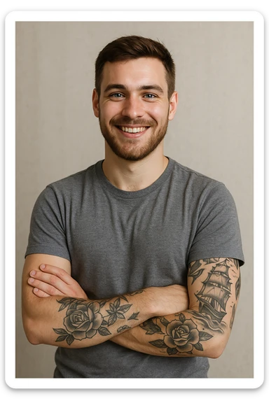 A proud, smiling 25-year-old man with blue eyes, brown hair, short beard, arms crossed, showing tattoos on his left arm. sticker