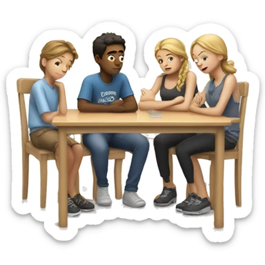 Two tired boys and two tired girls sit on a chair in front of a table sticker