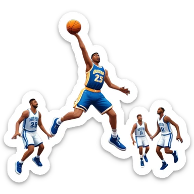 An icon featuring a basketball court with players in action, inspired by NBA 2K25. A player jumps for a dunk, with the ball mid-air. Bright lights illuminate the court, symbolizing the excitement of sports simulation games. Transparent background emphasizes the energy. sticker
