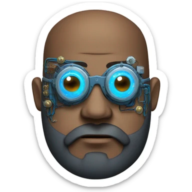 Bearded Fat bald cyborg head with brown skin, blue steampunk goggles and circuits sticker