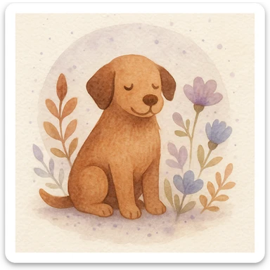 <systemPrompt>
  <style name="Watercolor Botanical Illustration">
    <medium>Watercolor</medium>
    <texture>
      <paper>Soft cotton texture, subtle grain</paper>
      <wash>Transparent color washes with visible layering</wash>
    </texture>
    <palette>
      <primary>Muted earth tones (browns, reds)</primary>
      <accent>Pastel purples and blues</accent>
      <background>Faded lavender wash with scattered dots</background>
    </palette>
    <details>
      <linework>Minimal, soft edges, no outlines</linework>
      <shading>Natural blending, subtle tonal gradients</shading>
      <features>
        <botanical>Organic shapes, abstract leaf and petal structures</botanical>
        <animal>Round forms, friendly expressions, simplified anatomy</animal>
      </features>
    </details>
    <composition>
      <focus>Centered subject</focus>
      <background>Soft circular watercolor wash</background>
      <spacing>Balanced with gentle whitespace</spacing>
    </composition>
    <atmosphere>Whimsical, serene, hand-painted</atmosphere>
  </style>
  <instructions>
    Use this style for all elements in the image. Ensure the soft watercolor texture is preserved across both the subject and background. Emphasize organic, natural forms with minimal sharp detail.
  </instructions>
</systemPrompt>

{subject} = dog sticker