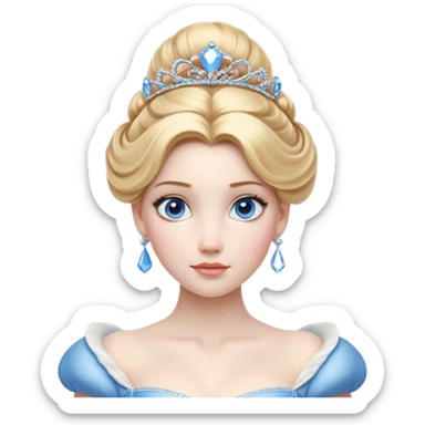 Cinematic Realistic Noble Cinderella Portrait, depicted with porcelain skin rendered in lifelike detail and soft, natural lighting that highlights every delicate nuance. Her intricately styled golden-blonde hair is arranged in an elegant updo, and her deep, expressive blue eyes radiate quiet determination. She wears her classic ball gown with rich fabric textures and delicate folds catching the light beautifully, all set against a subtly glowing, natural background that captures the essence of timeless royal grace. sticker