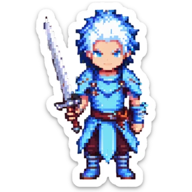 pixel art JRPG character with spiky hair and a large sword, inspired by Cloud Strife sticker