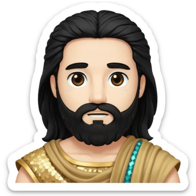 Pluto from Roman Deities with long black hair and beard, black sequin toga sticker