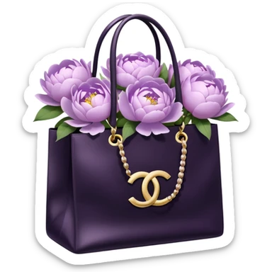 Realistic white chanel shopping bag with lilac peonies in it sticker