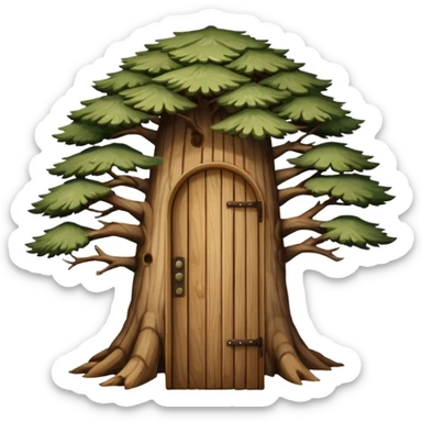 large and old pine tree with door sticker