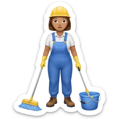 old and fat women, brown hair, Custodian with yellow rubber gloves, white T-shirt, blue overalls, mopping floor sticker