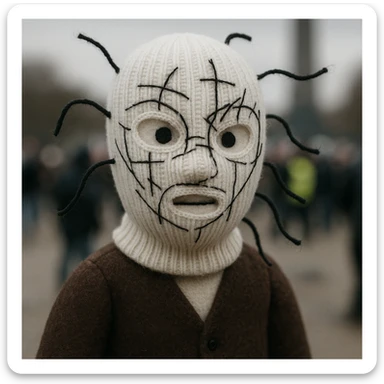 The mask is a full-head, white knitted balaclava with a tight ribbed texture. It features two asymmetrical eye openings and a partially exposed mouth area. Black thread is stitched across the surface in chaotic, abstract lines that trace facial features, giving a hand-drawn effect. Several black cords extend outward from the mask, varying in length and direction, adding a sculptural, almost organic appearance. The overall look is bold, handcrafted, and visually striking. sticker
