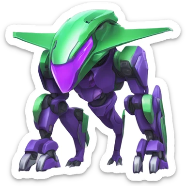 a purple-green Genesect-Raptor-Fakémon—hybrid with a futuristic visor-helmet full body sticker