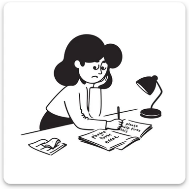 Stressed student writing an essay that begins with "Dear God, please help me finish this essay" in sketchy handwriting sticker