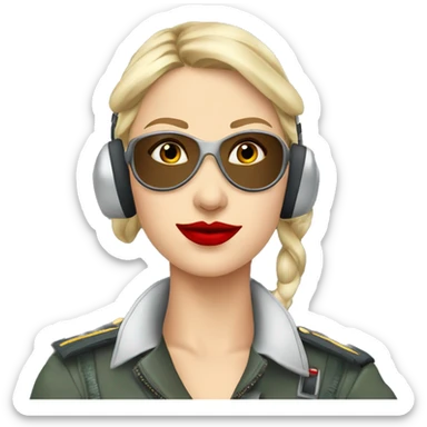 Blonde Russian pilot girl with red lips with pilot headset infront of an airplane   sticker