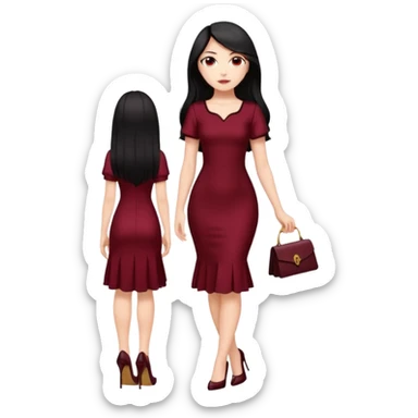 Chica blanca ,ojos marrones, vestido granate muy largo sexy manga corta,  cuerpo entero pelo negro y largo zapatos negros tacon sticker