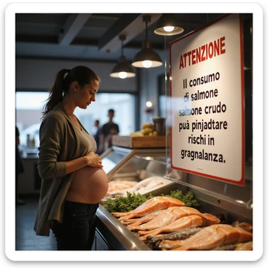 realistic pregnant woman in 4K reading a large, clearly visible informational sign in a modern fish market, the sign says: 'Attenzione, il consumo di salmone crudo può comportare rischi in gravidanza'. The woman is looking at the sign and touching her belly. sticker