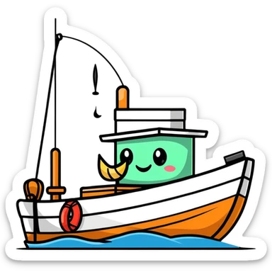 A cartoon fishing boat with a friendly face and tiny fishing rod sticker