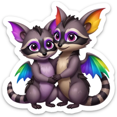 2 black female raccoon dragon hybrids with rainbow colored wings and purple eyes hugging sticker
