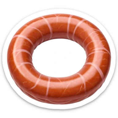 coiled raw sausage, pale pink slightly marbled surface, natural casing, thick rustic circular shape, smooth texture, visible flecks of fat, ends tucked under or gently pinched, no grill plate or garnish, soft lighting, subtle shadows, emoji scale sticker