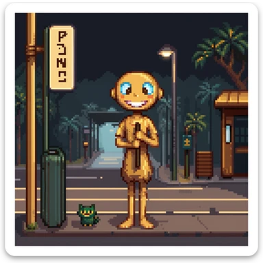 humanoid wooden club with big cartoon eyes and wide smile, barefoot, standing at a dark street bus stop under dim streetlight, holding a bat, background sign 'Pentung Pos Ronda' sticker