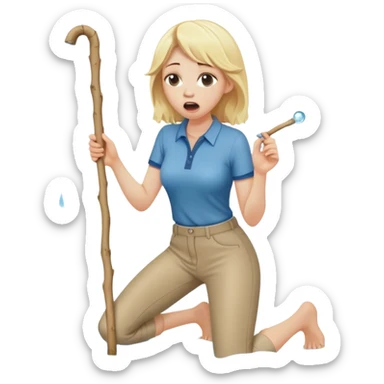 blond woman kneeling, holding a wide skin-colored stick with a D-shaped knob with skin texture, the stick emerging from a pair of hanging trousers, water squirting from the flat side of the knob into her mouth, shocked face sticker
