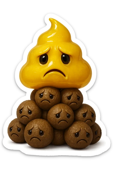 emoji stile iphone di una cacca giallina e liquida con espressione triste, sopra una montagnetta di feci a palline con espressione triste, iperrealistico 4k sticker