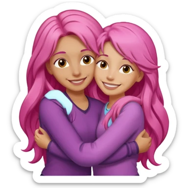 Surprisingly goofy once they open up. Strong, loyal, and incredibly supportive — but still hates wasting time. woman long pink hair hugging another person sticker
