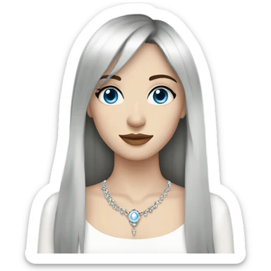 woman with pale skin, blue eyes and long dark brown hair with layers and fringe bangs, wearing a white top and silver jewellery sticker