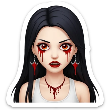 White woman with a white tank top long black hair glossy middle part long hair vamp look with fangs or blood dripping down lips brown eyes eyeliner winged with lashes top and bottom white border sticker