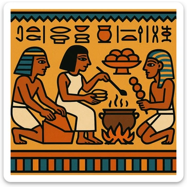 ancient Egyptian cooking scene in hieroglyphic style sticker