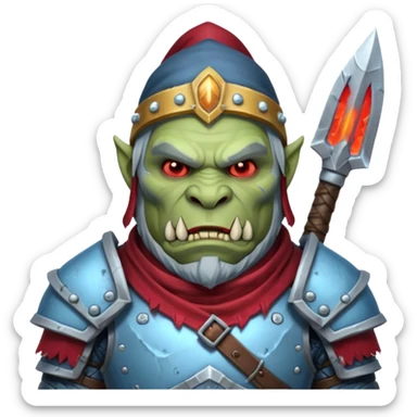 
Fantasy Christmas orc legion soldier icon, iron tundra army theme, heavy winter armor, disciplined brutal look, icy blue steel armor with deep crimson accents, frozen metal texture, cold winter atmosphere, male variant sticker