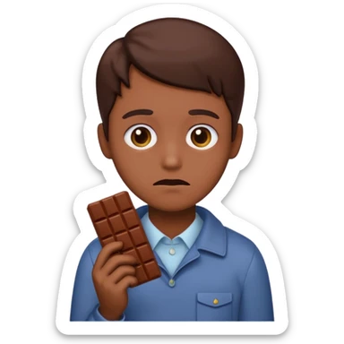 Apple style emoji sad face, person holding chocolate bar, subtle colors sticker