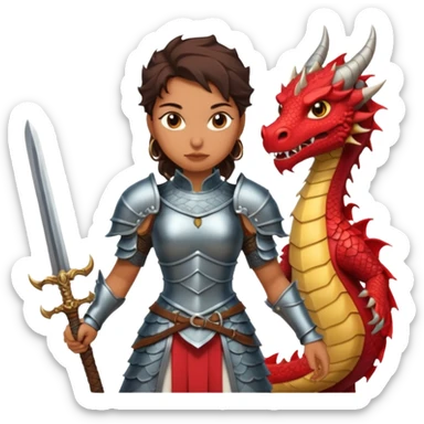 Fierce Latina in armor with a sword next to beheaded dragon sticker