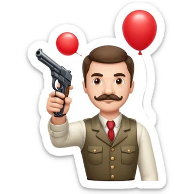 A mustachioed man aims a gun at a balloon sticker