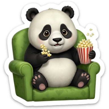 Chubby panda sitting on a earthy green chair that is too small for him, eatting popcorn, watching TV, 4k, dpi 300. Must not be low resolution, must not be poor quailty, must be colorful, must not have any emoji faces, no emoji icons. sticker