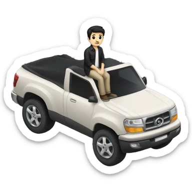 (A man with pale skin and black hair), (sitting on top of a black car) sticker