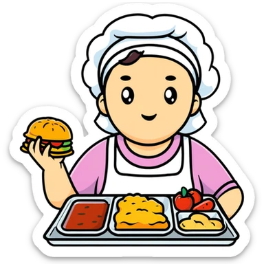 cartoon sticker of a lunch lady with a disgusted expression, holding a tray of gross food sticker