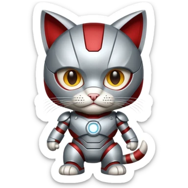 gray and white striped cat in an Iron Man costume sticker