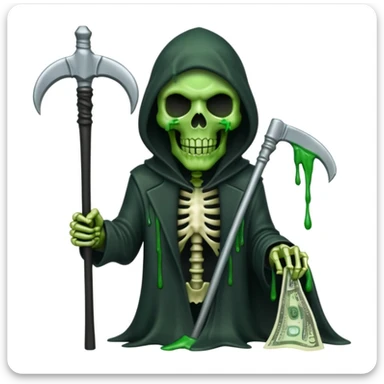 Emoji iPhone de la grande faucheuse, visage effrayant mi-squelette mi-zombie, slime vert, billets de 100$ visibles dans la scène (par exemple dans la capuche ou volant), tient une faux, fond blanc, rien d'autre dans les mains, parfait pour photo de profil sticker