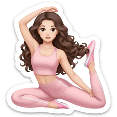 beautiful brunette with a light balayage white girl with nice defined and long curls , very long hair, clean girl makeup STRETCHING IN LIGHT PINK GYM sticker