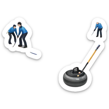 An icon showing a curling match on an indoor ice stadium, with a polished curling stone gliding toward the target and players sweeping. Spectators watch from stands, and flags hang above the rink. Transparent background highlights strategy and focus in the sport of curling. sticker