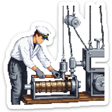 Russian sailor operating winch to collect marine geology samples and scientists in laboratory examining sediment cores sticker