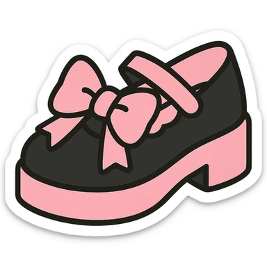Refine the kawaii BLACKPINK-inspired gothic shoes by adding a large cute bow as the main motif, keeping the scalloped edge detail. Emphasize the black and pink color contrast, playful and stylish, no hearts, transparent background. sticker